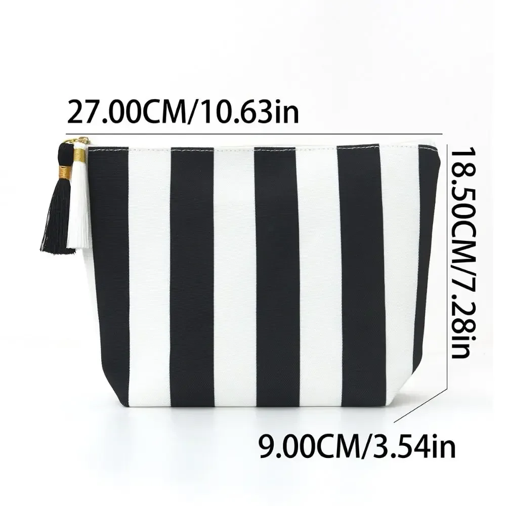 sac de maquillage portable en velours côtelé, grande capacité, motif rayé, sac de toilette, sac de rangement, utilisation en voyage