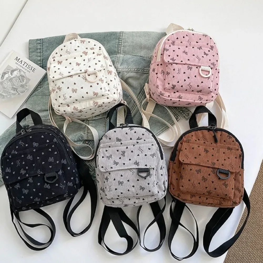 mini sac à dos en velours côtelé léger avec imprimé cœur et nœud, décontracté, à fermeture éclair, multi-compartiments, sac à bandoulière