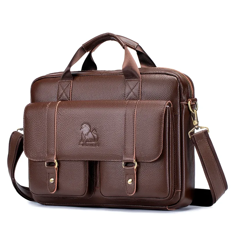 porte-documents pour homme en cuir véritable avec deux poches avant, sac pour ordinateur de grande capacité, sac à main diagonal