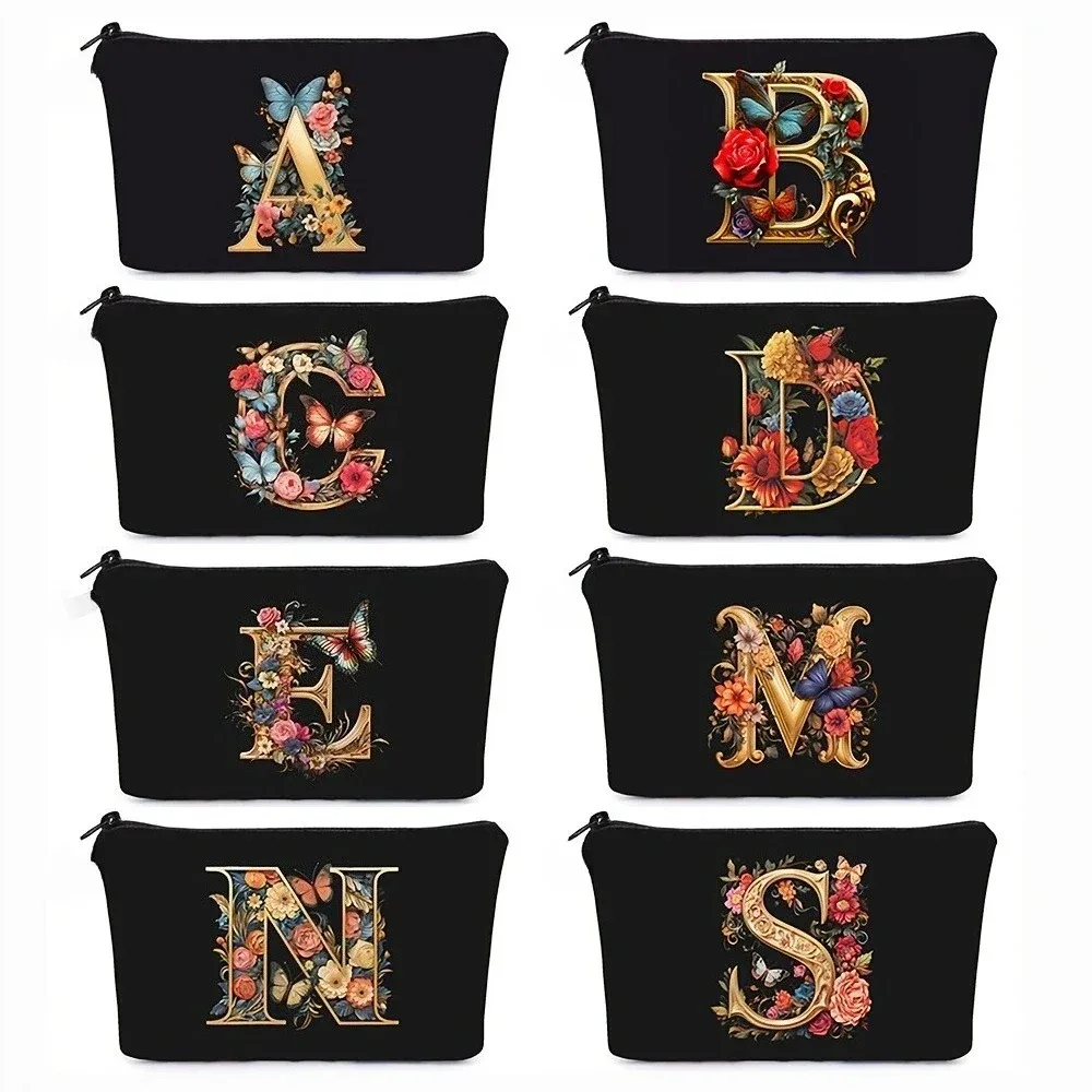 trousse de maquillage noire avec imprimés de 26 lettres de l'alphabet anglais, pochette à cosmétiques, sacs de rangement multifonctionnels
