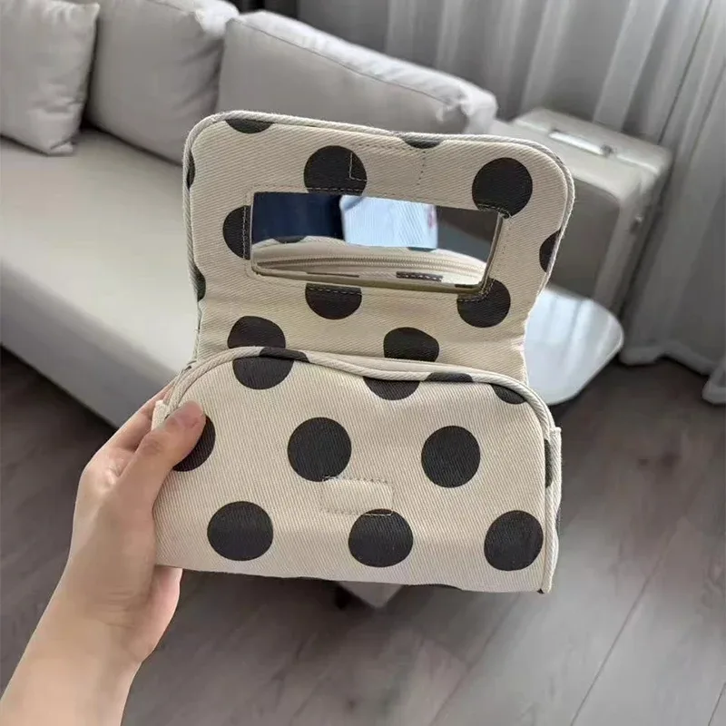 trousse de maquillage coréenne à rayures roses avec miroir, mini pochette de rangement pour cosmétiques, organisateur de beauté portable pour filles, usage quotidien