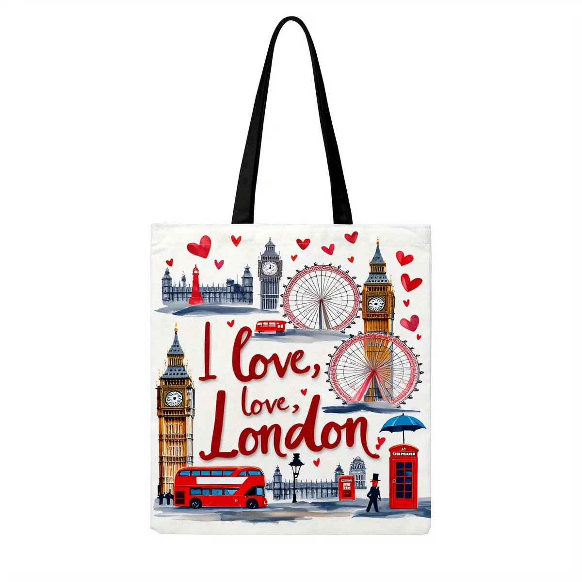 sac fourre-tout décontracté imprimé motif bus paysage de londres, sac à main multifonctionnel réutilisable à la mode, sac de plage, sac de courses imprimé