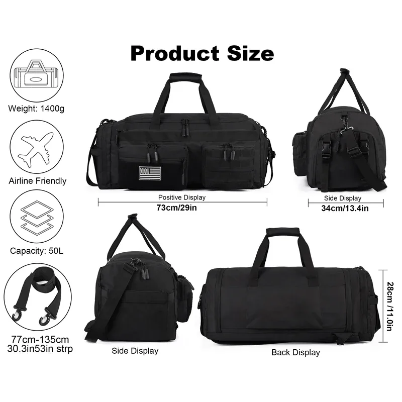 LHI 50L 3 en 1 sac de voyage hommes grands sacs de sport de sport sac à dos militaire tactique avec compartiment à chaussures et poche humide