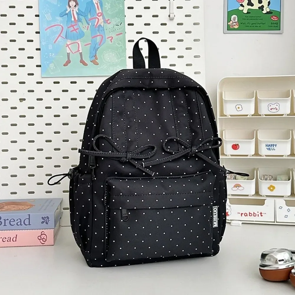 sac à dos de voyage à pois tendance avec nœud, grande capacité, cartable d'étudiant, sac à dos multi-poches en nylon pour ordinateur portable