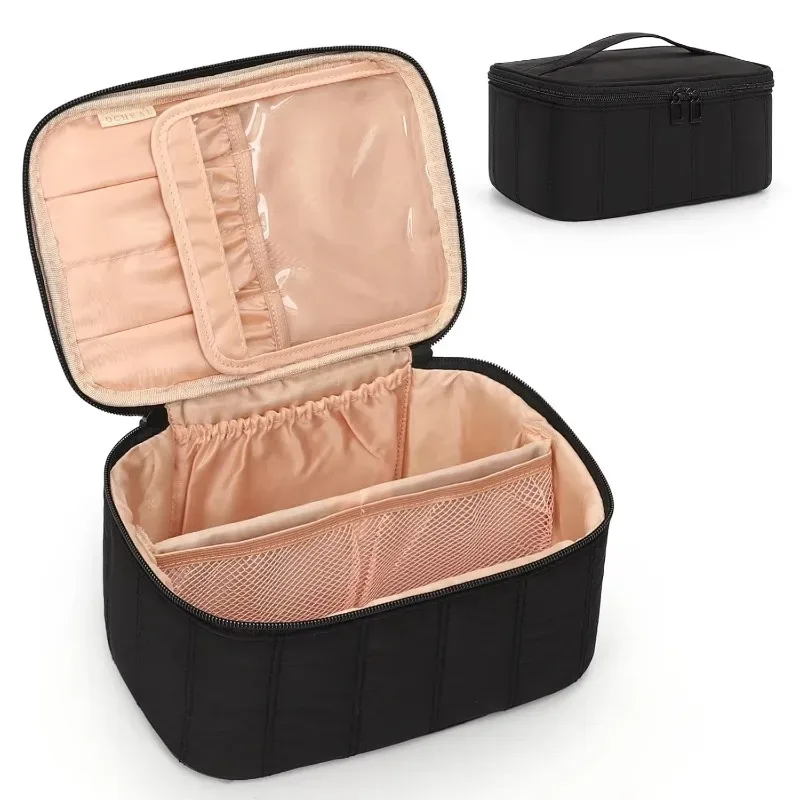 Grande trousse de maquillage portable de grande capacité, organisateur de voyage pour femmes, trousse de toilette noire pour filles en voyage