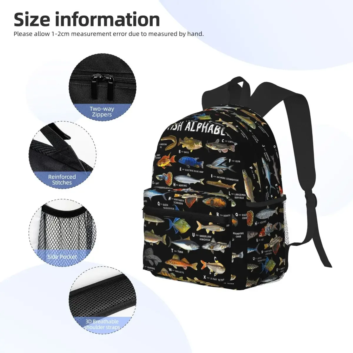 sac à dos scolaire éducatif alphabet des poissons, espèces d'eau douce, pour garçons et filles, sac à dos de pêche, sac à bandoulière