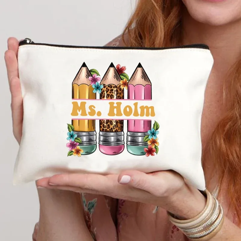 trousse de maquillage personnalisée avec nom de l'enseignant, sac à main pour femme, meilleur cadeau de graduation pour les enseignants, trousse à crayons, cadeau de retour à l'école