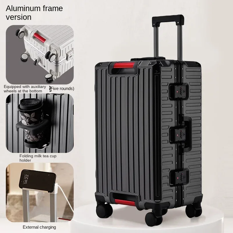 valise à cadre en aluminium à cinq roues, 30 pouces, cabine multifonctionnelle, mot de passe, boîtier de chariot, bagages avec porte-gobelet usb