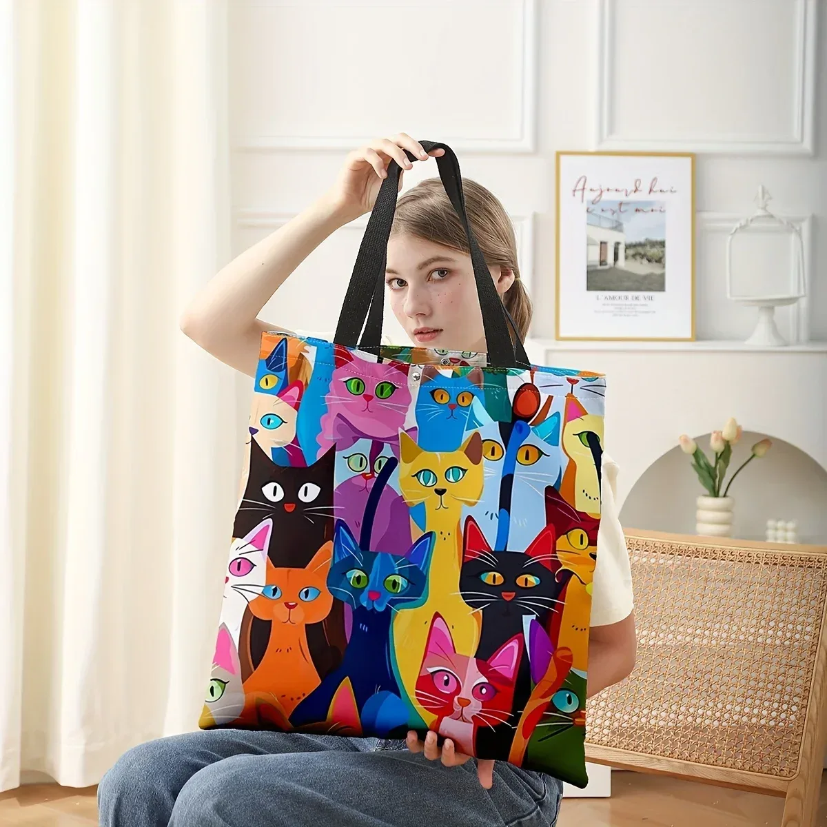 sac à main décontracté imprimé chaton coloré, sac à dos réutilisable à la mode, sac à main multifonctionnel, sac de courses imprimé 40x40cm