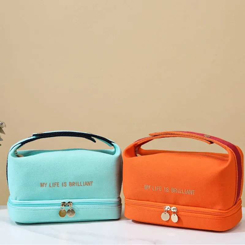 ins-sac à cosmétiques étanche double couche pour femme, fourre-tout de grande capacité, sac de voyage en toile portable, trousse de rangement pour maquillage, mode