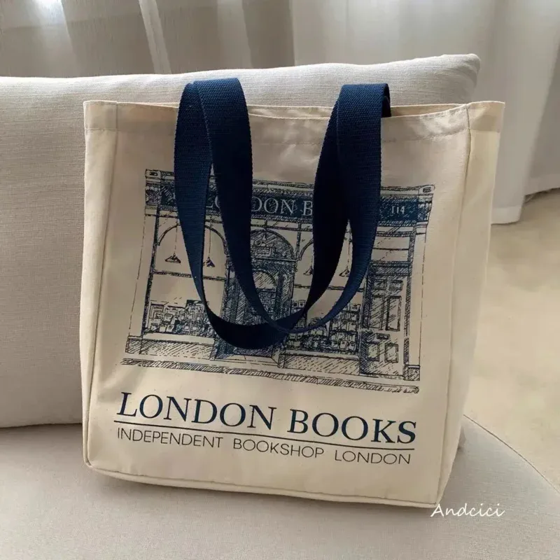 femmes toile sac à bandoulière londres livres imprimer dames sac à main décontracté sac fourre-tout réutilisable grande capacité coton shopping sac de plage