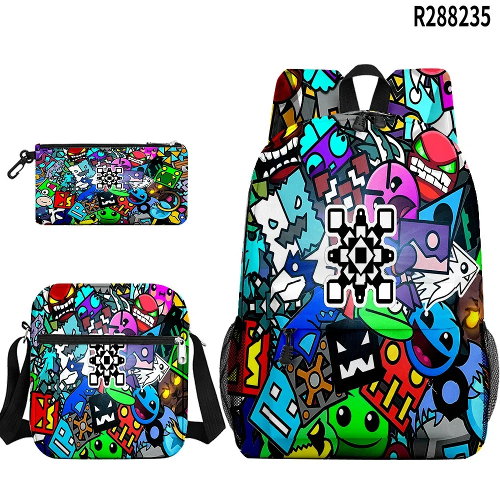 populaire cool geometry dash 3d imprimé 3 pièces/ensemble sacs d'école pour élèves sac à dos pour ordinateur portable sac à dos sac à bandoulière incliné trousse à crayons