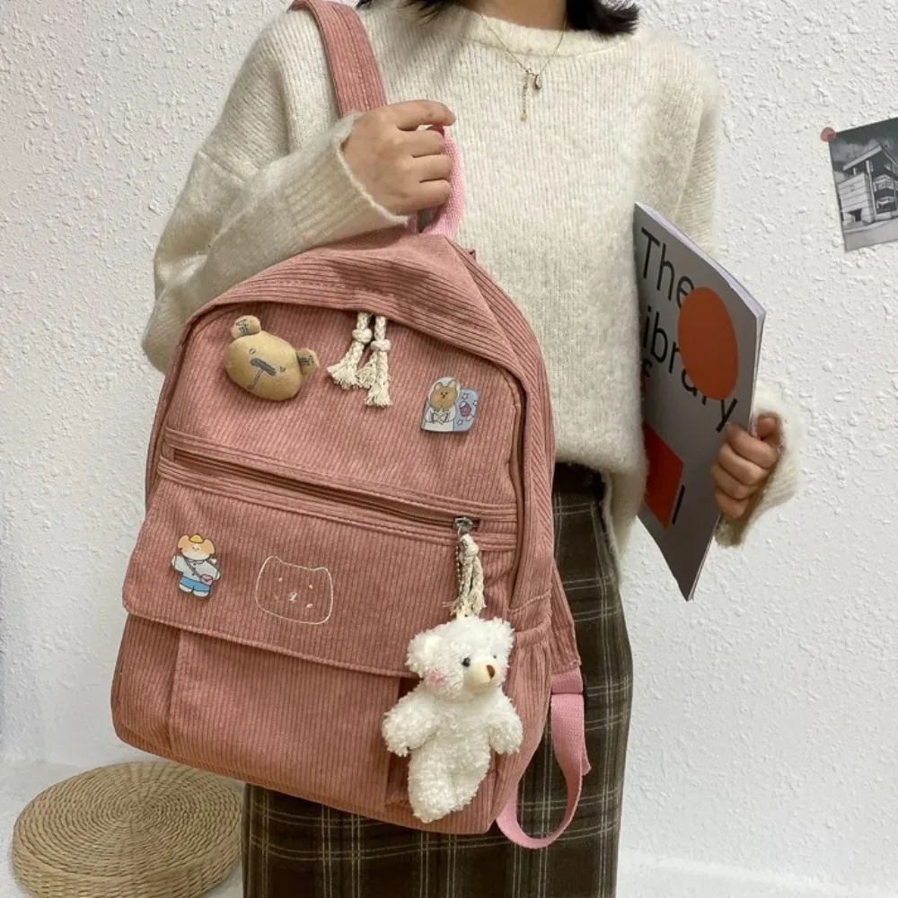 mignon grande capacité femmes sac à dos couleur pure fermeture éclair école sac à dos velours côtelé sac à dos étudiants