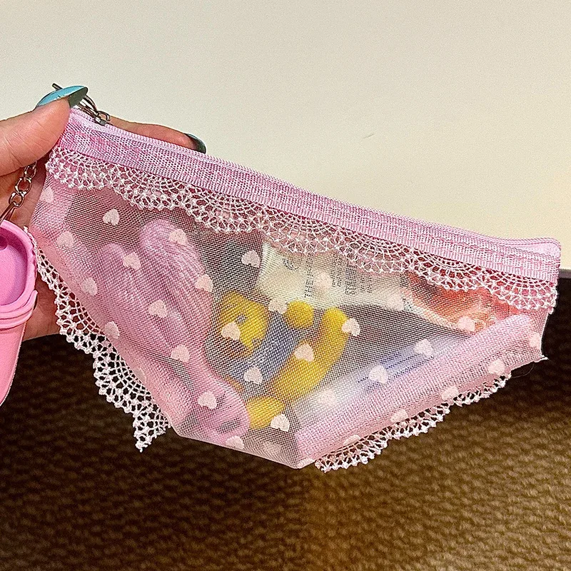 pochette de maquillage en maille tendance avec bordure en dentelle transparente, pochette de rangement décorative avec fermeture éclair, organisateur de bijoux et écouteurs