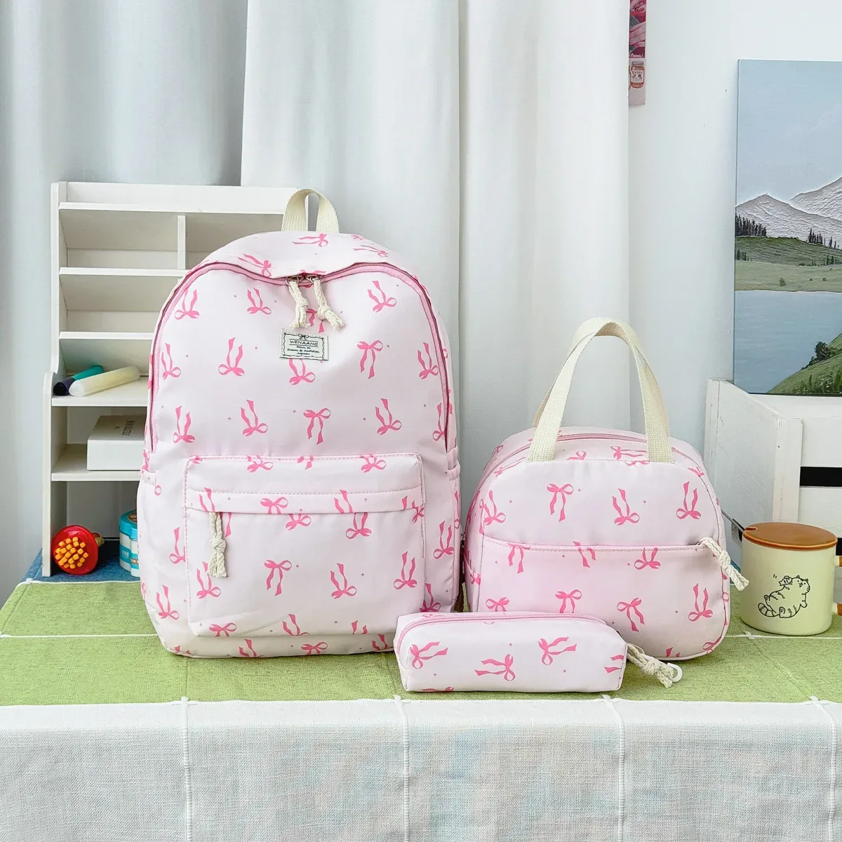 ensemble de sacs à dos trois pièces imprimé nœud papillon, doux et frais, en nylon léger, grande capacité, pour le campus et les trajets quotidiens des étudiants