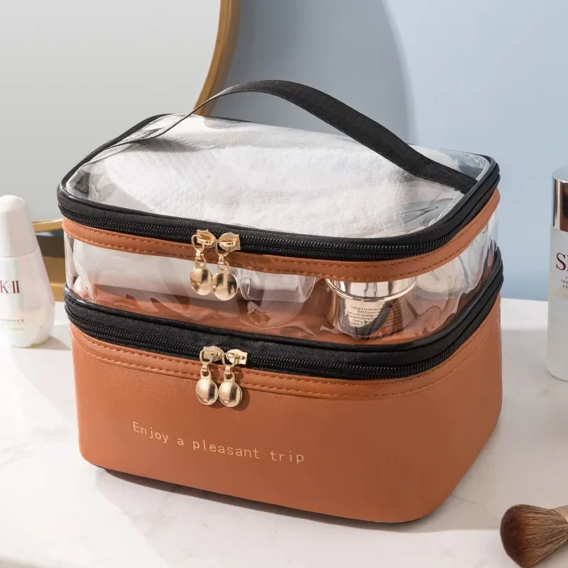 double trousse de maquillage, articles de toilette transparents en pu, portable, mode, étanche, voyage, sac de rangement de grande capacité