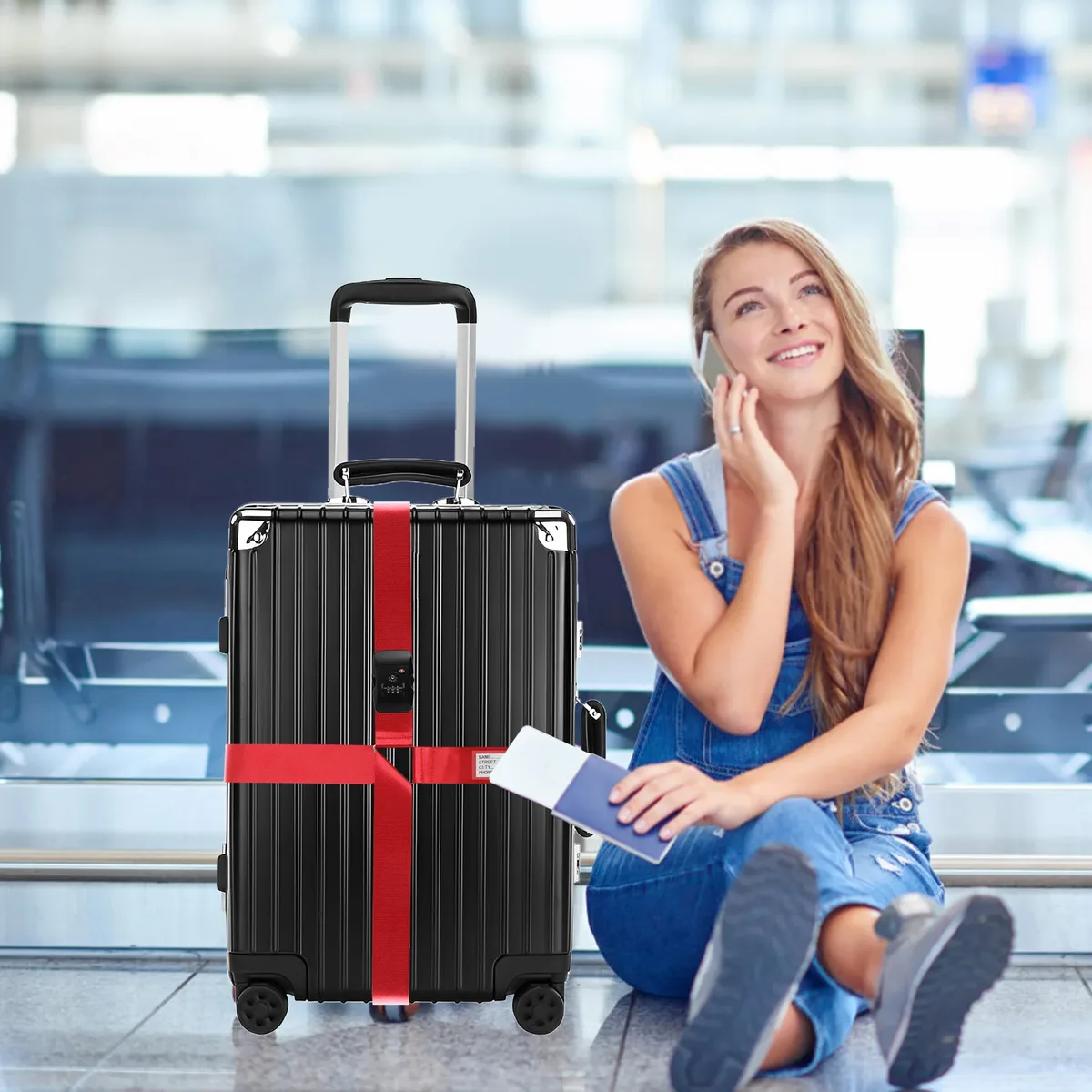 sangle de bagage croisée avec serrure tsa, sangle de valise à longueur réglable avec étiquette d'identification transparente, ceinture de voyage durable pour bagages