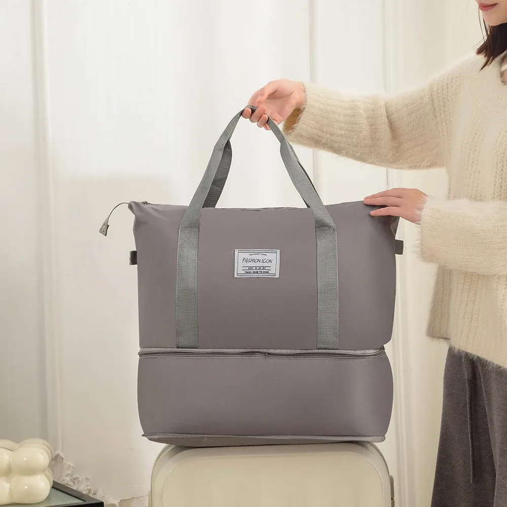 sac de voyage pliable promotionnel et tendance, grande capacité, double compartiment ; sac de rangement pour bagages ; sac à main multifonctionnel ; sac de maternité léger, portable et extensible ; sac de sport unisexe couleur unie avec séparation sec/humide