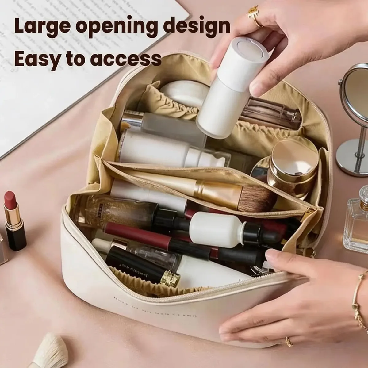 1pc grande trousse de toilette imperméable à fermeture éclair grande capacité avec compartiments, poignée et fonction d'organisation