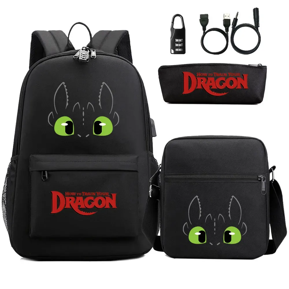 comment entraîner votre dragon 3 pièces usb antivol serrure garçon fille enfants retour à l'école livre sacs voyage sac à dos sac à bandoulière sacs à stylos