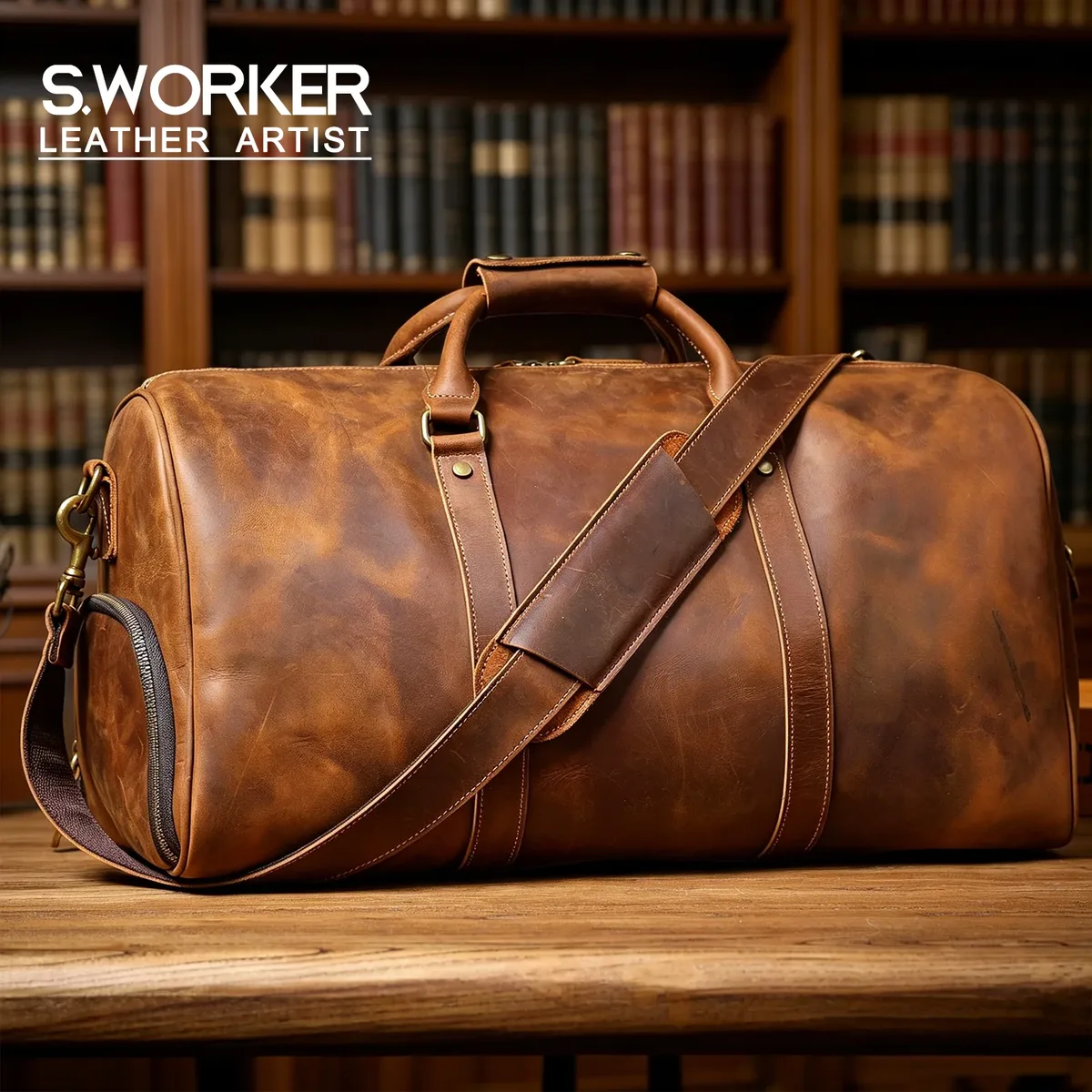 Sac de voyage vintage en cuir pleine fleur pour homme S.WORKER, sac de week-end artisanal