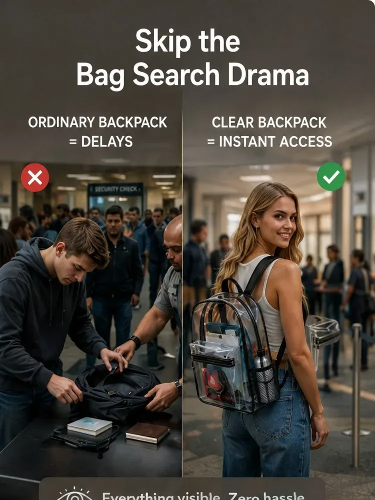 sac à dos transparent robuste en pvc, approuvé pour les stades, contrôle de sécurité rapide, pour l'école, l'université, le travail, les festivals de musique